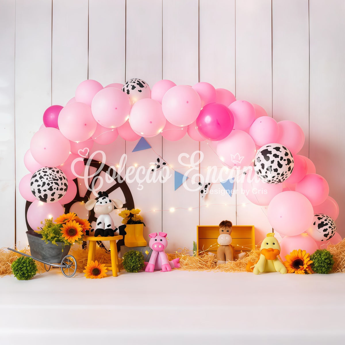 Newborn Photo Backdrop Pink Farm Balloon Sunflower Hay Cowgirl Backdrop Ideas UK By Magali