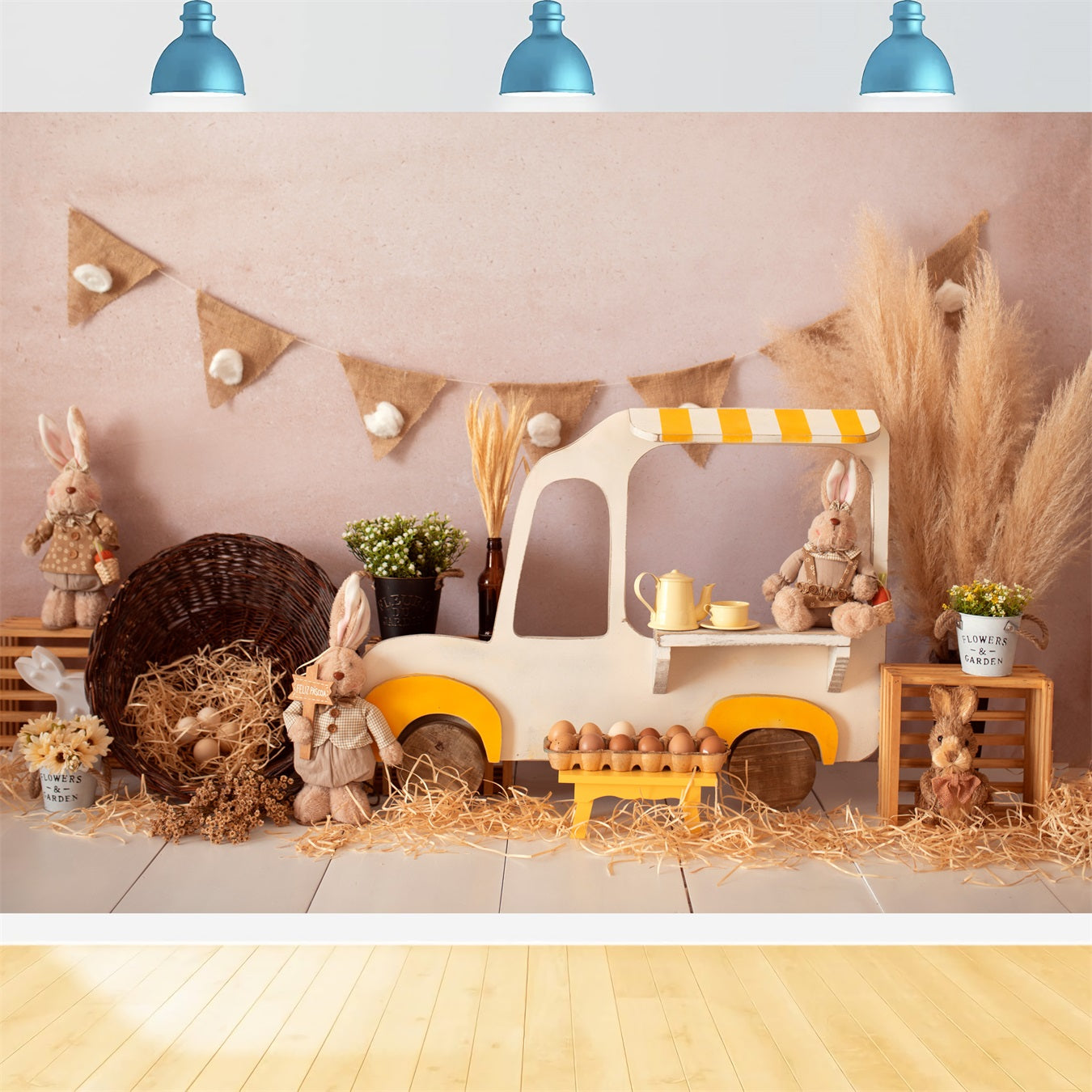 Children's Backdrop Rustic Bunny Market Cart Display Easter Backdrops UK By Magali