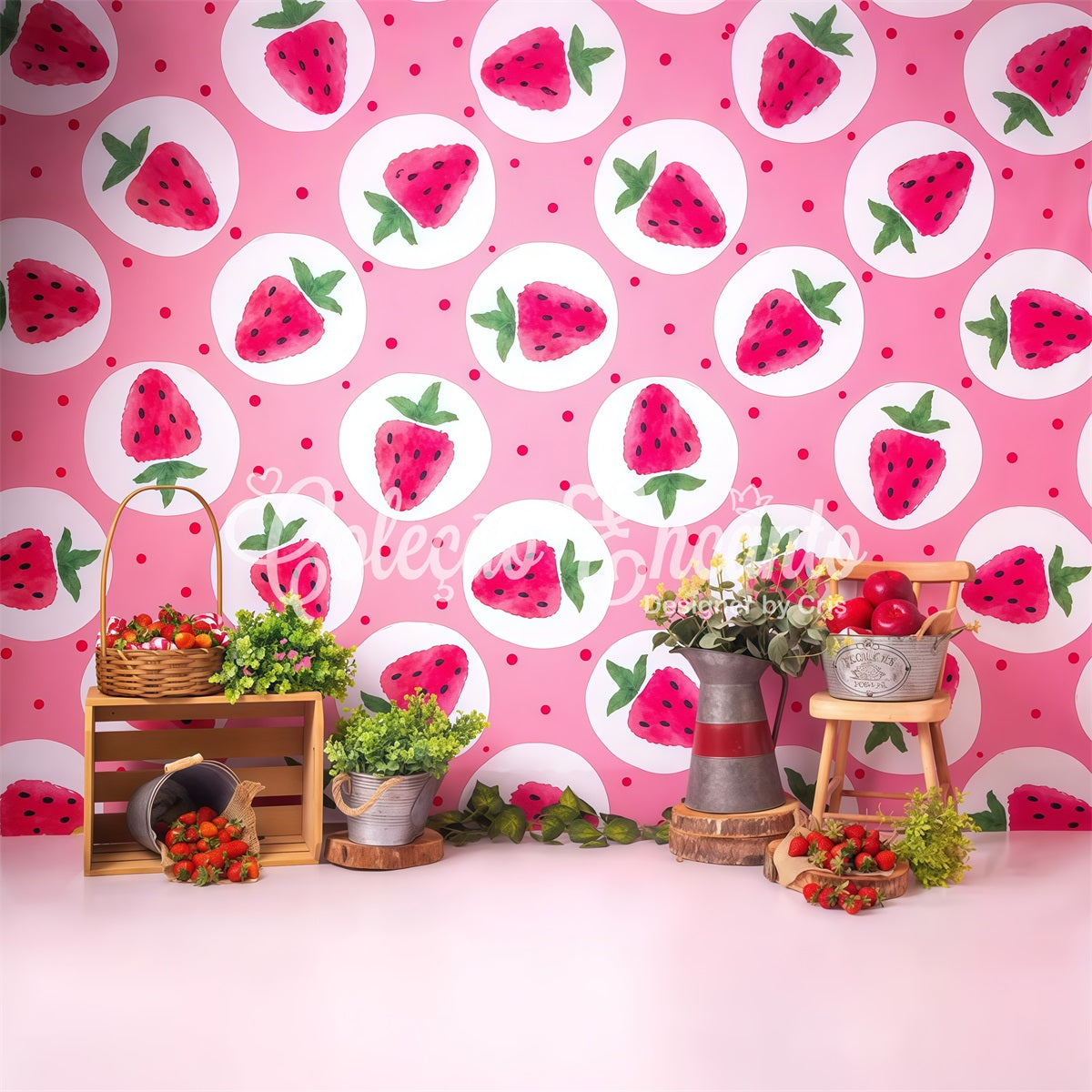 Childrens Backdrops Pink Strawberry Picnic Farm Stand Kids Photography Backdrop UK By Magali