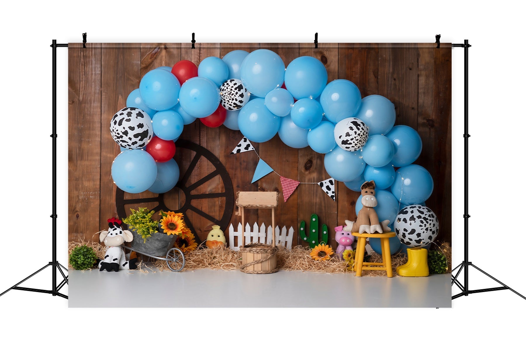 Children's Backdrops Blue Cow Print Farm Balloon Arch Cowboy Backdrop UK By Magali