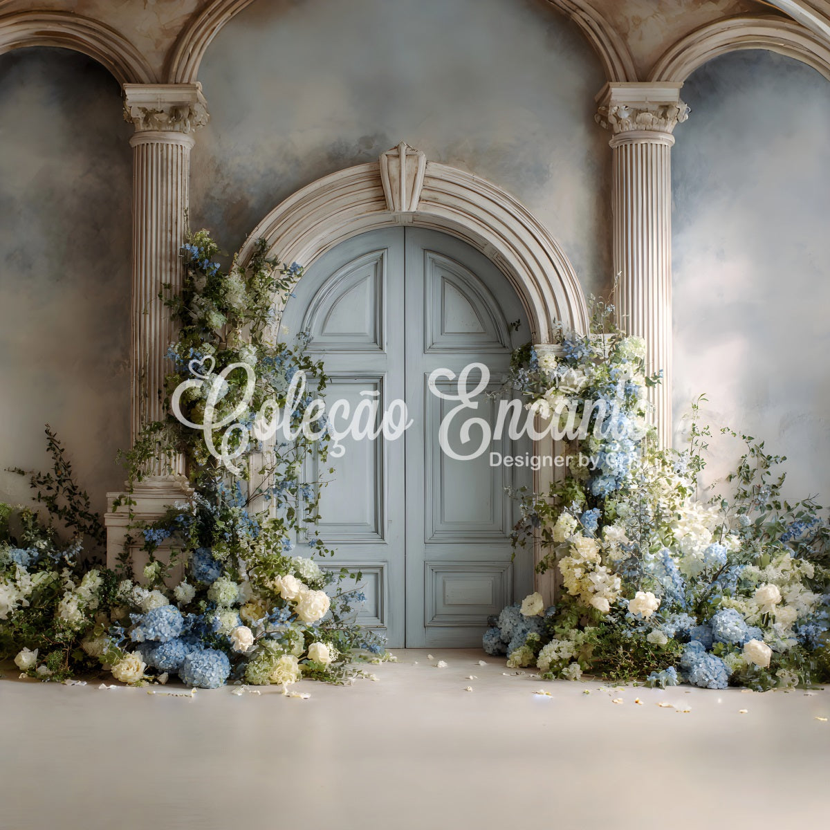 Mother's Day Photo Booth Backdrop Blue Hydrangeas White Roses Mothers Day Backdrop Design UK By Magali