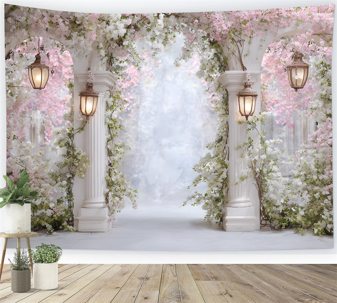 Mothers Day Photo Booth Backdrop Soft Pink Blossom Pillars Mother's Day Photo Booth Backdrop UK By Magali