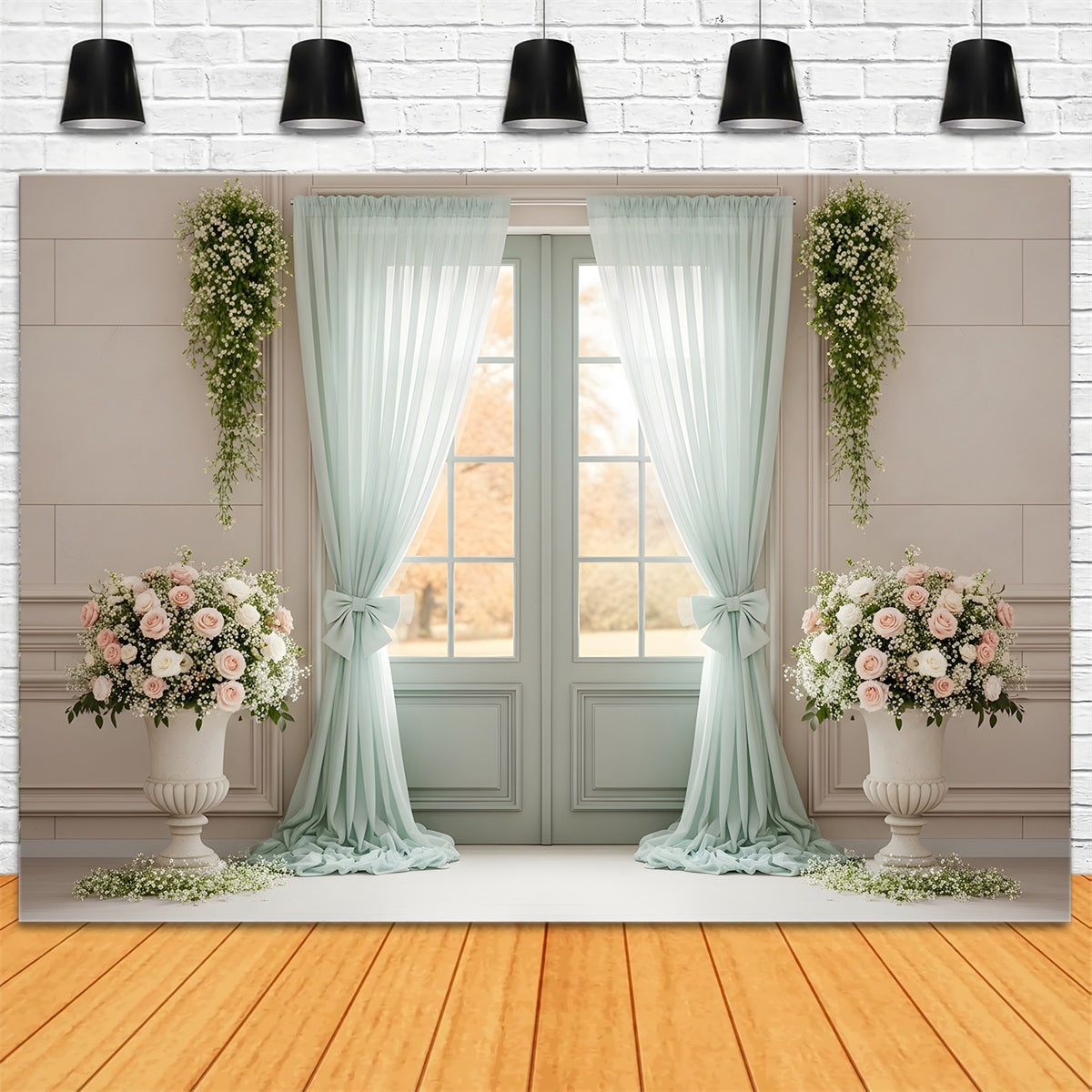 Backdrop For Mother's Day Mint Curtain Door Floral Urns Mothers Day Photography Backdrops UK By Magali