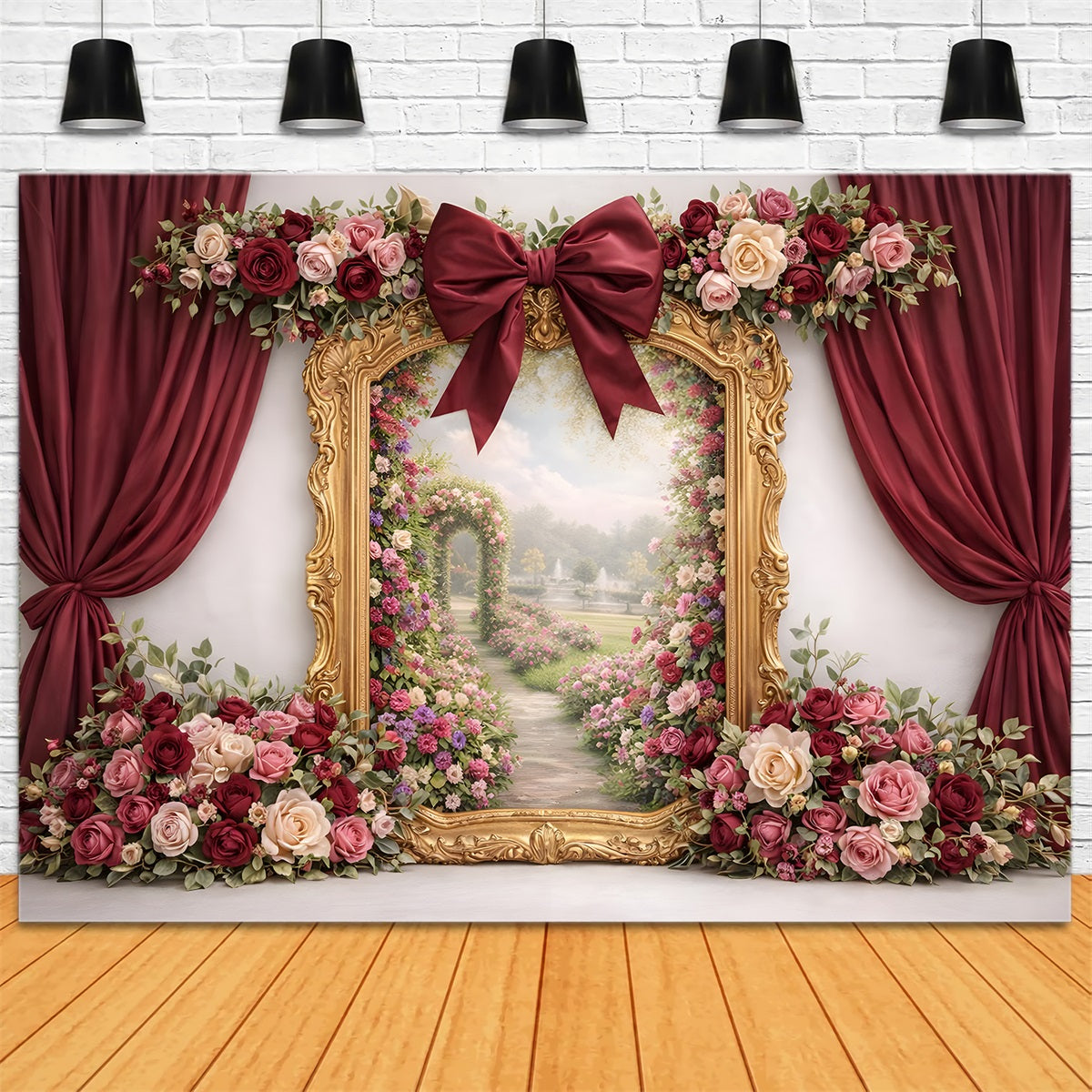 Mothers Day Backdrop Burgundy Rose Garden Window Frame Mother's Day Photoshoot Backdrops UK By Magali