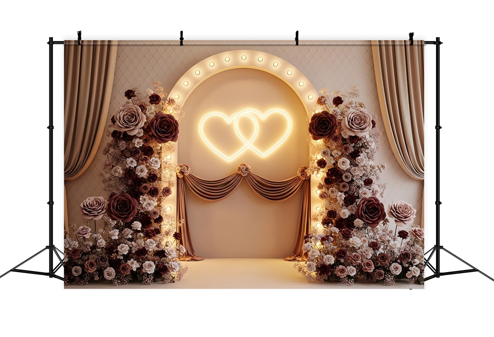 Mother's Day Photo Booth Backdrop Burgundy Twin Hearts Floral Glow Backdrops For Mothers Day UK By Magali