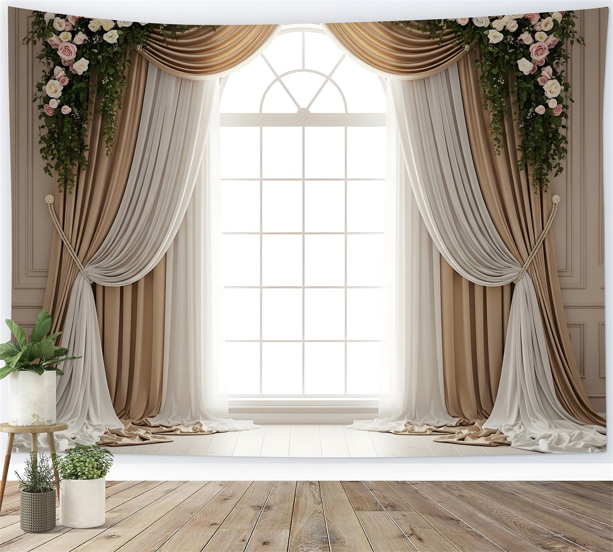 Mother's Day Backdrop Champagne Window Drapes Floral Swag Mother's Day Photo Booth Backdrops UK By Magali