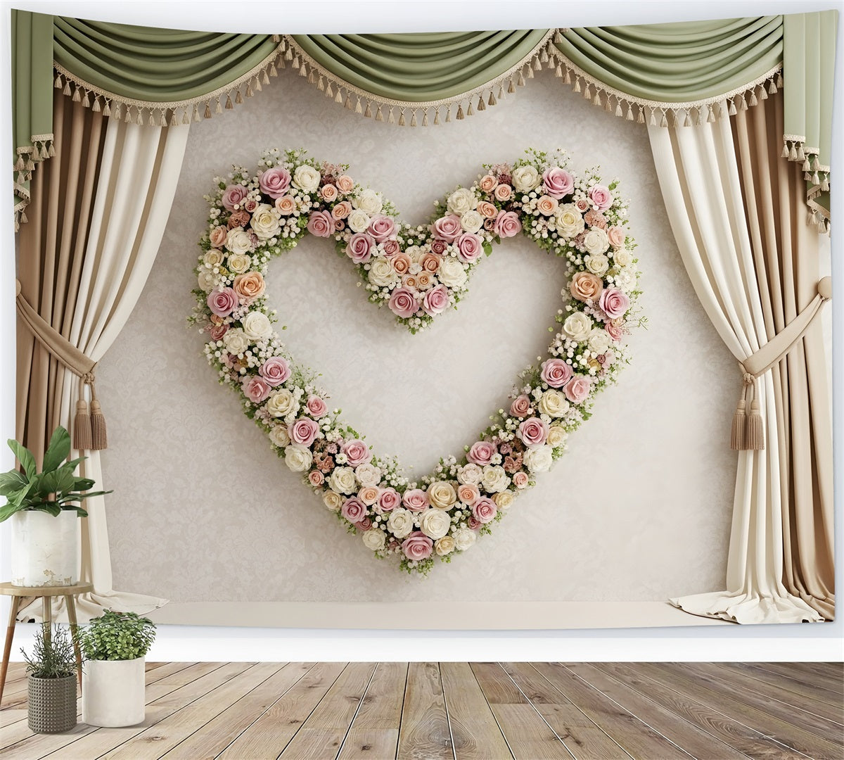 Photo Backdrop For Mothers Day Sage Curtain Heart Rose Wreath Mother's Day Backdrop Design UK By Magali