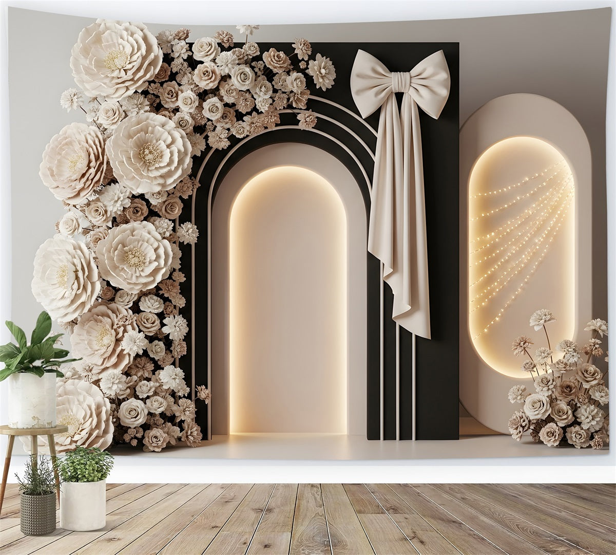 Mother's Day Backdrop Design Ivory Bow Arch Floral Glow Photo Backdrop For Mothers Day UK By Magali