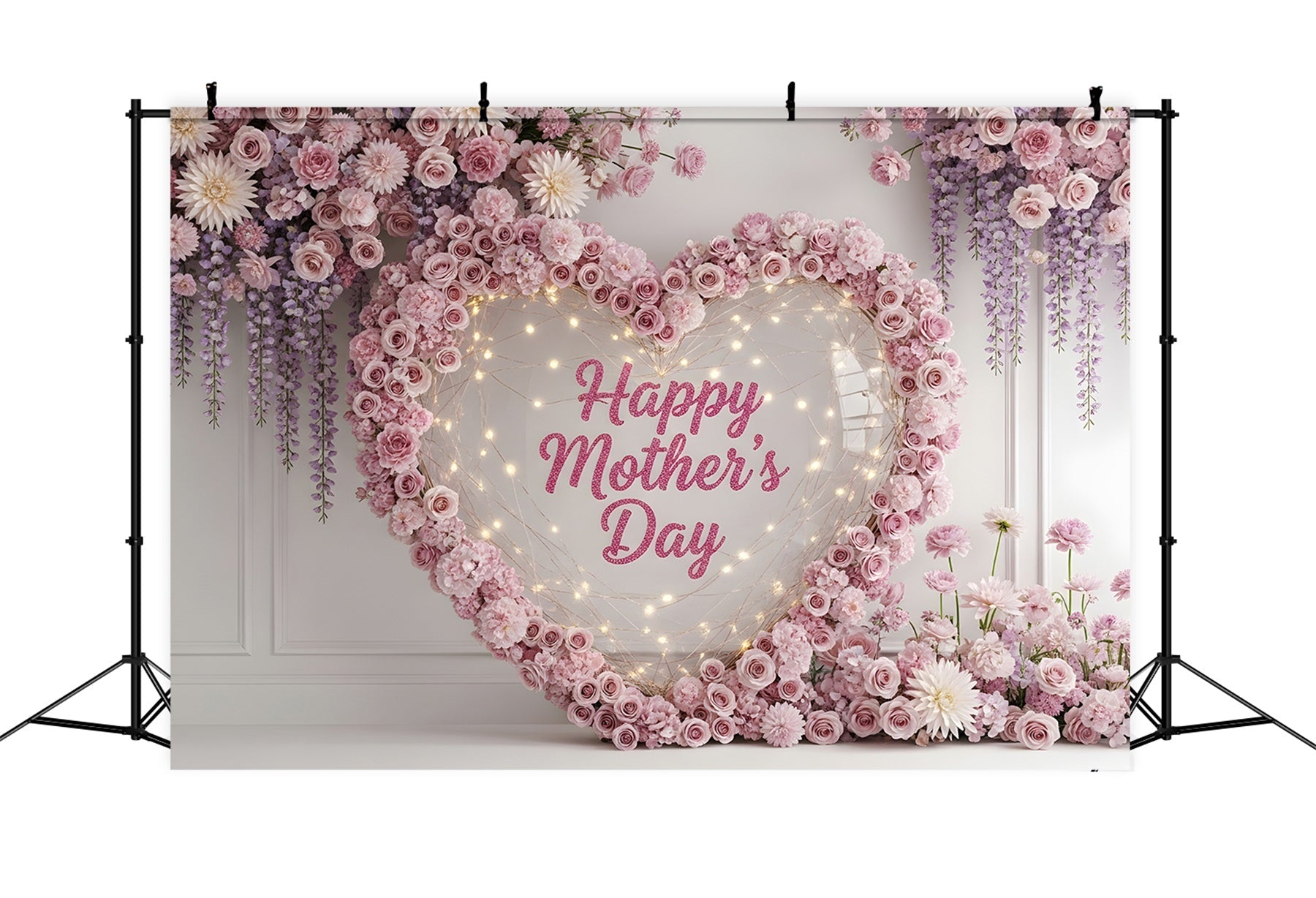 Happy Mothers Day Backdrop Pink Heart Wreath Floral Lights Mothers Day Photo Booth Backdrops UK By Magali