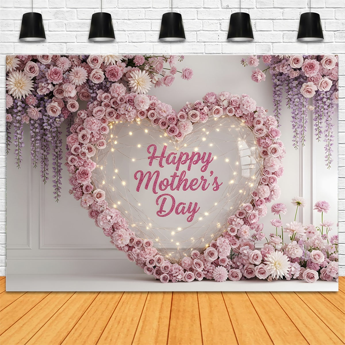 Happy Mothers Day Backdrop Pink Heart Wreath Floral Lights Mothers Day Photo Booth Backdrops UK By Magali