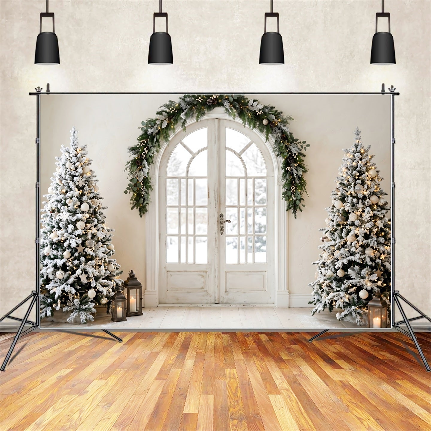 Christmas Themed Backdrop Elegant Arched Door Snowy Trees Christmas Photo Booth Backdrop UK CEM65-100