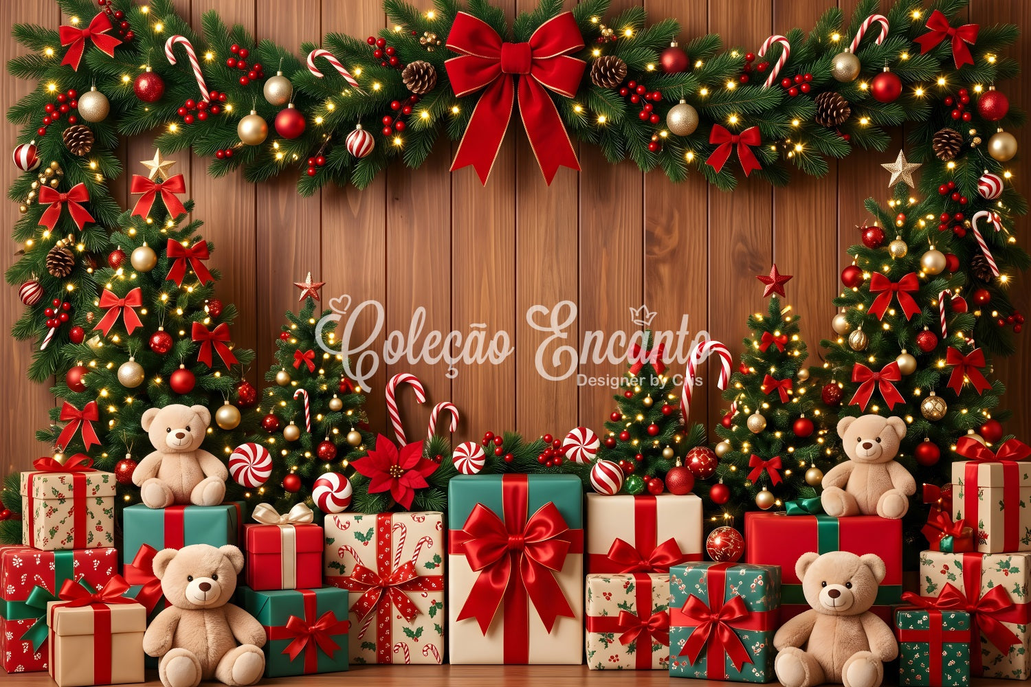 Photo Backdrop Christmas Candy Cane Teddy Gift Garland Christmas Backdrops Photography UK CEM65-103