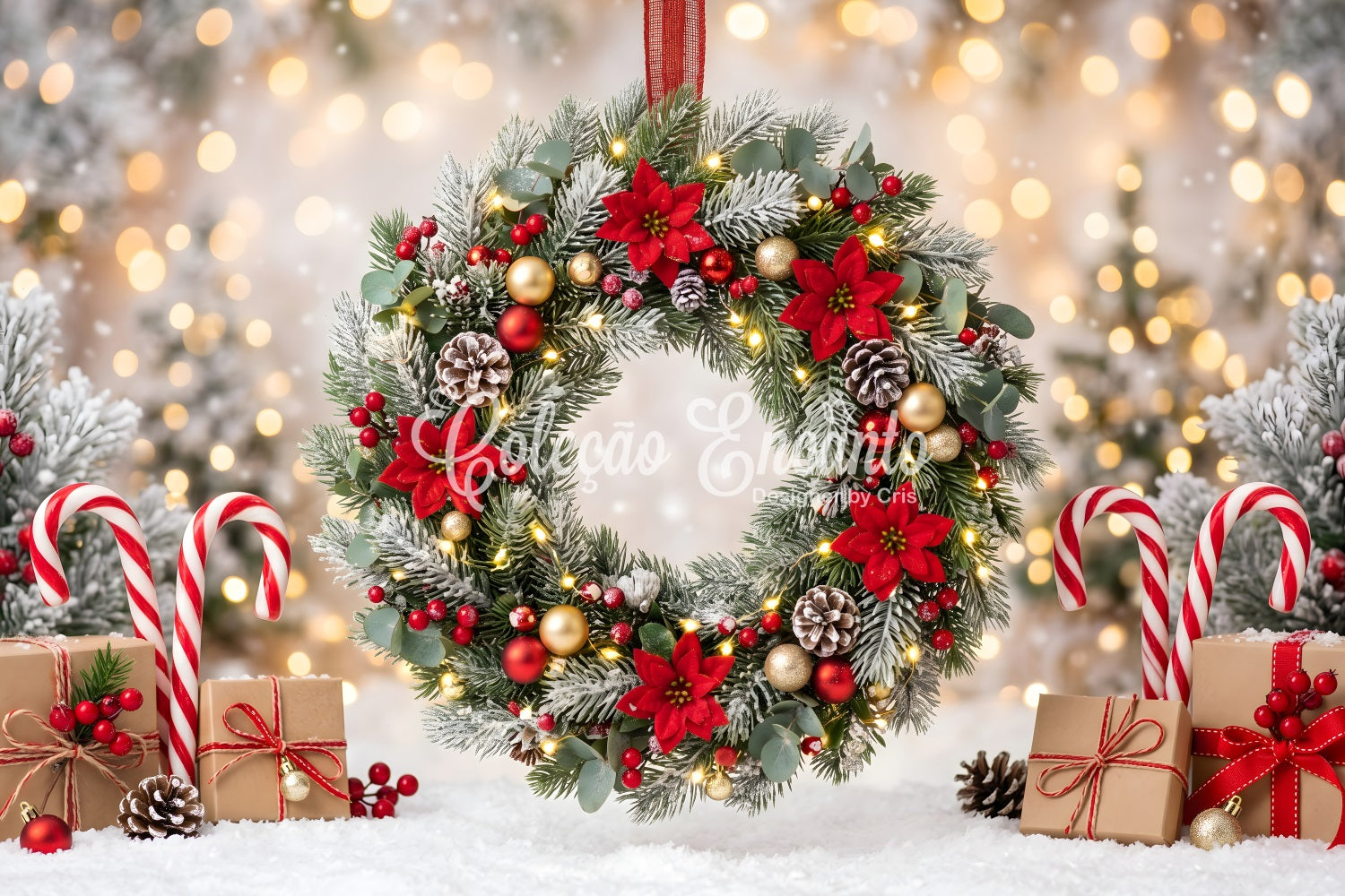 Christmas Lights Backdrop Frosted Poinsettia Wreath Candy Christmas Backdrop For Photography UK CEM65-104