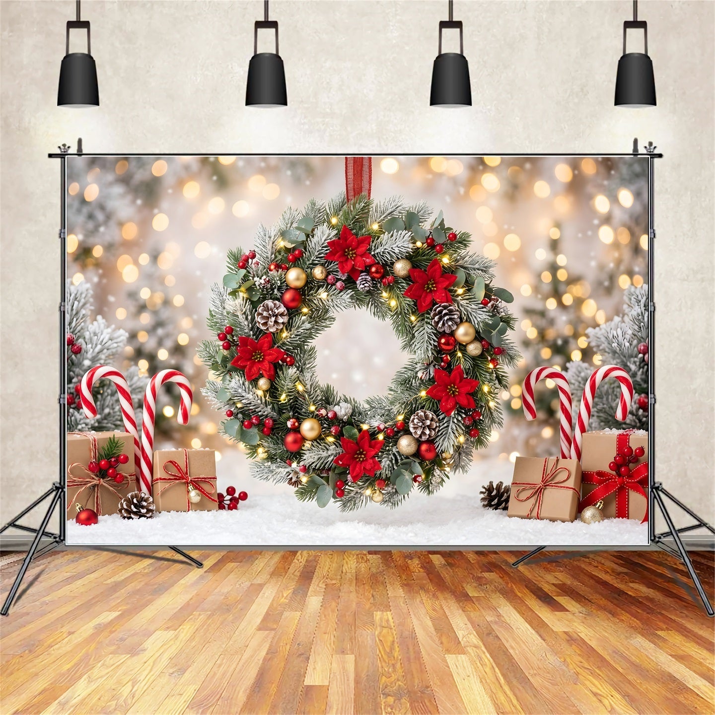 Christmas Lights Backdrop Frosted Poinsettia Wreath Candy Christmas Backdrop For Photography UK CEM65-104