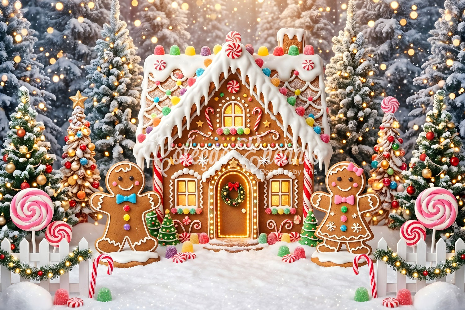 Christmas Village Backdrops Glowing Gingerbread Candy Cottage Photography Christmas Backdrops UK CEM65-105