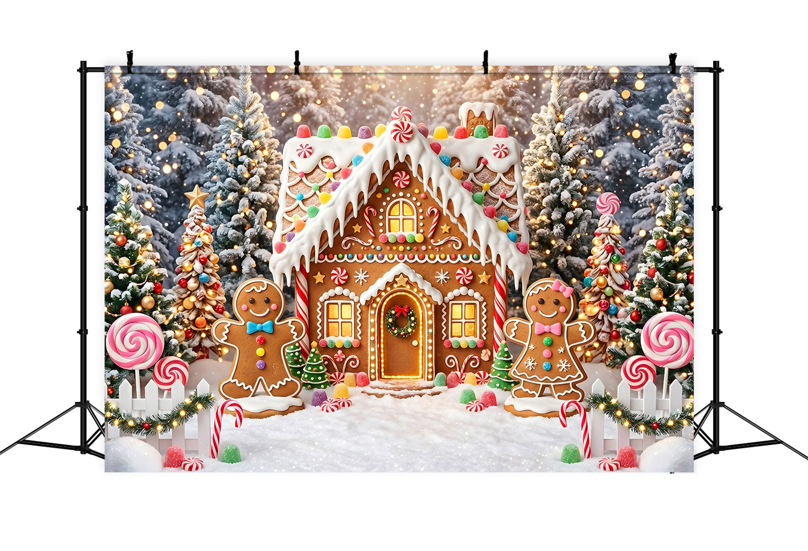 Christmas Village Backdrops Glowing Gingerbread Candy Cottage Photography Christmas Backdrops UK CEM65-105