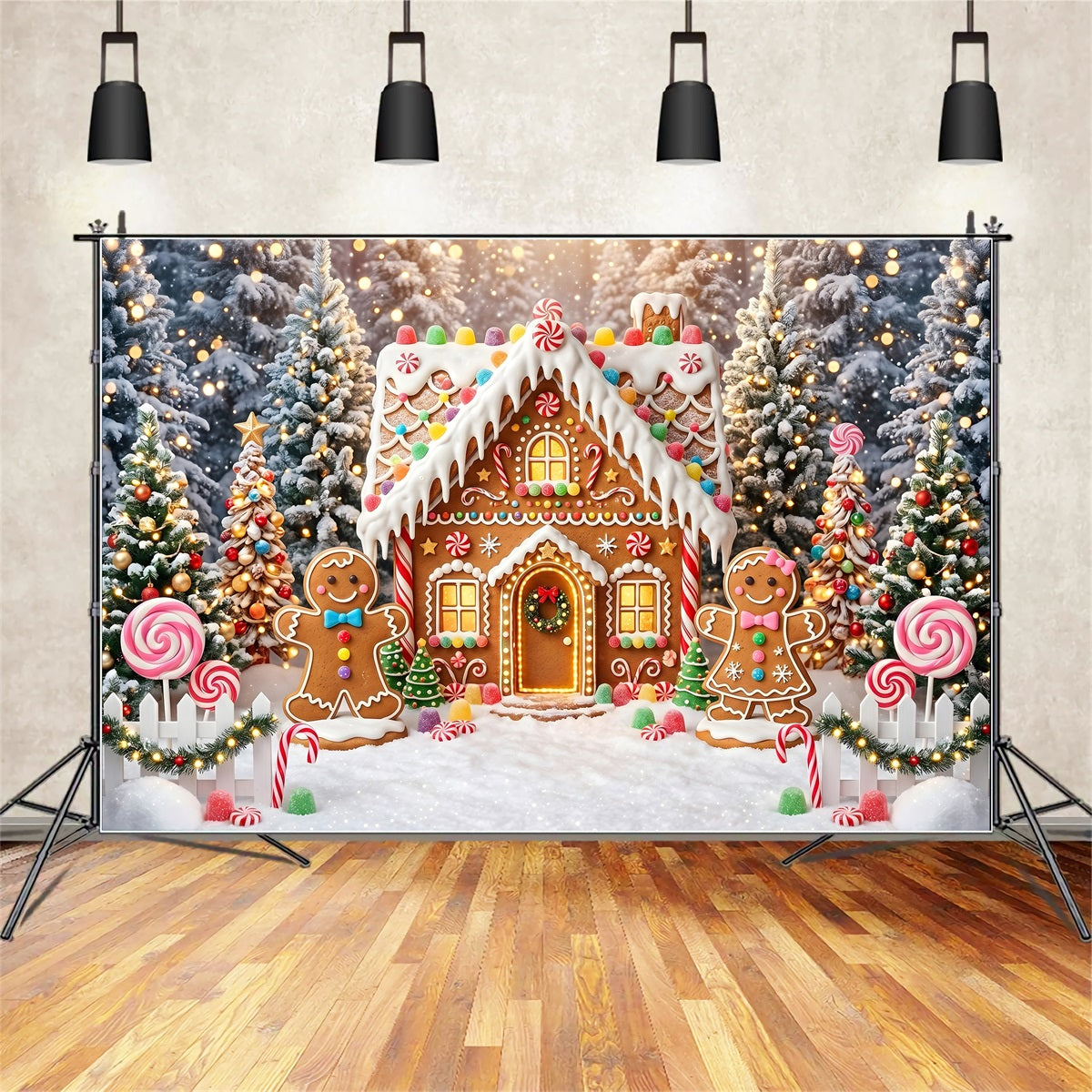 Christmas Village Backdrops Glowing Gingerbread Candy Cottage Photography Christmas Backdrops UK CEM65-105