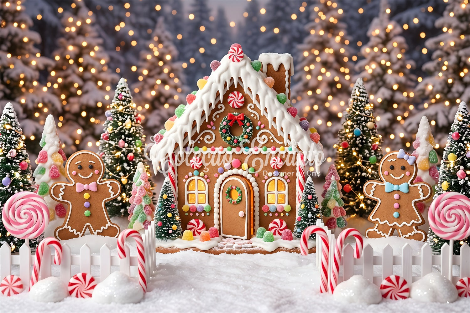 Christmas Backdrop Design Sweet Gingerbread Candy Forest Cottage Christmas Photoshoot Backdrop UK CEM65-106