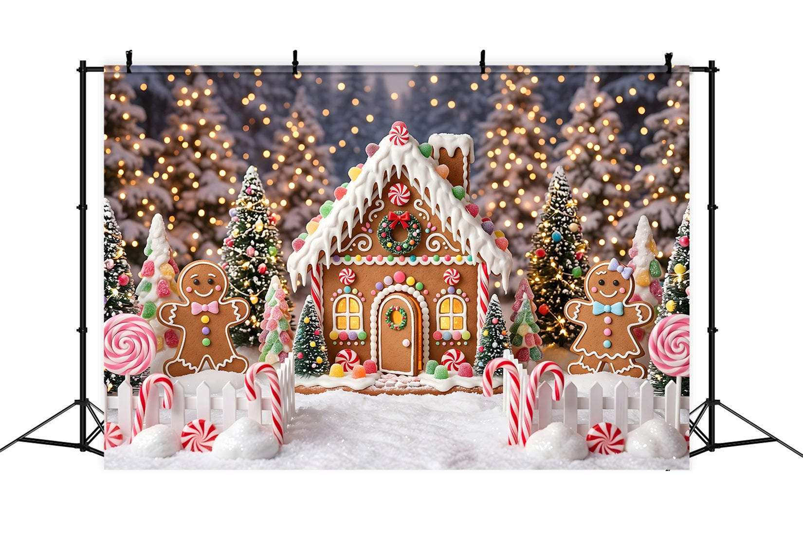 Christmas Backdrop Design Sweet Gingerbread Candy Forest Cottage Christmas Photoshoot Backdrop UK CEM65-106