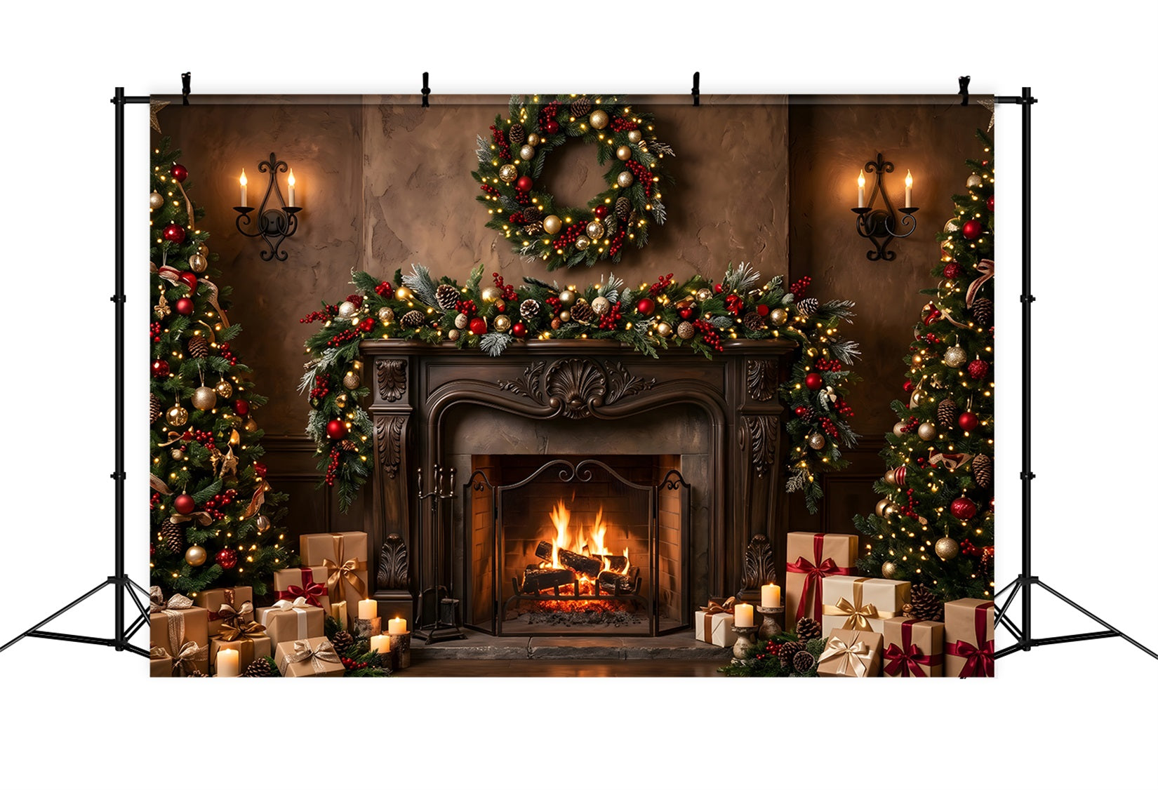Large Christmas Backdrops Elegant Fireplace Wreath Candle Glow Christmas Backdrop For Pictures UK CEM65-107