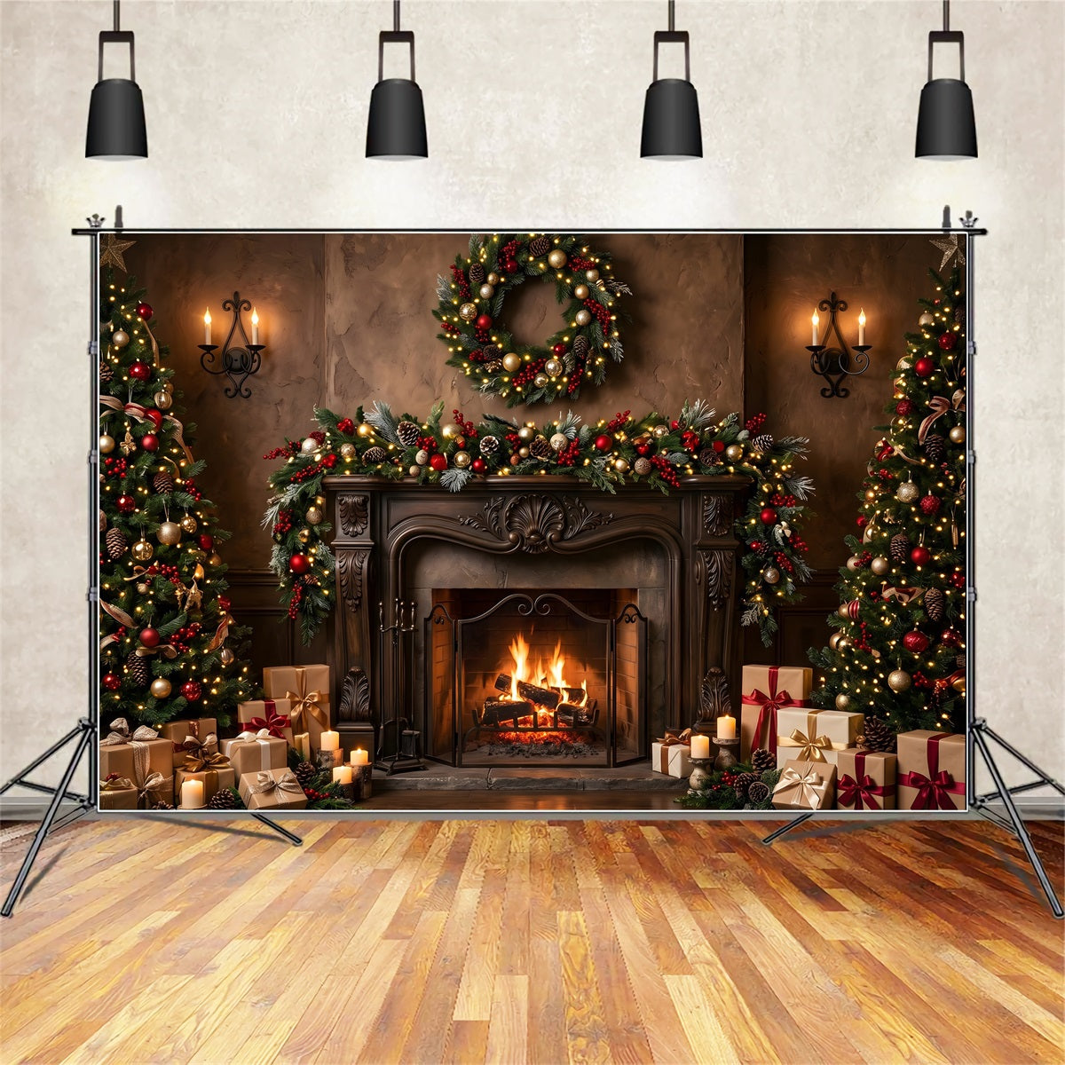Large Christmas Backdrops Elegant Fireplace Wreath Candle Glow Christmas Backdrop For Pictures UK CEM65-107