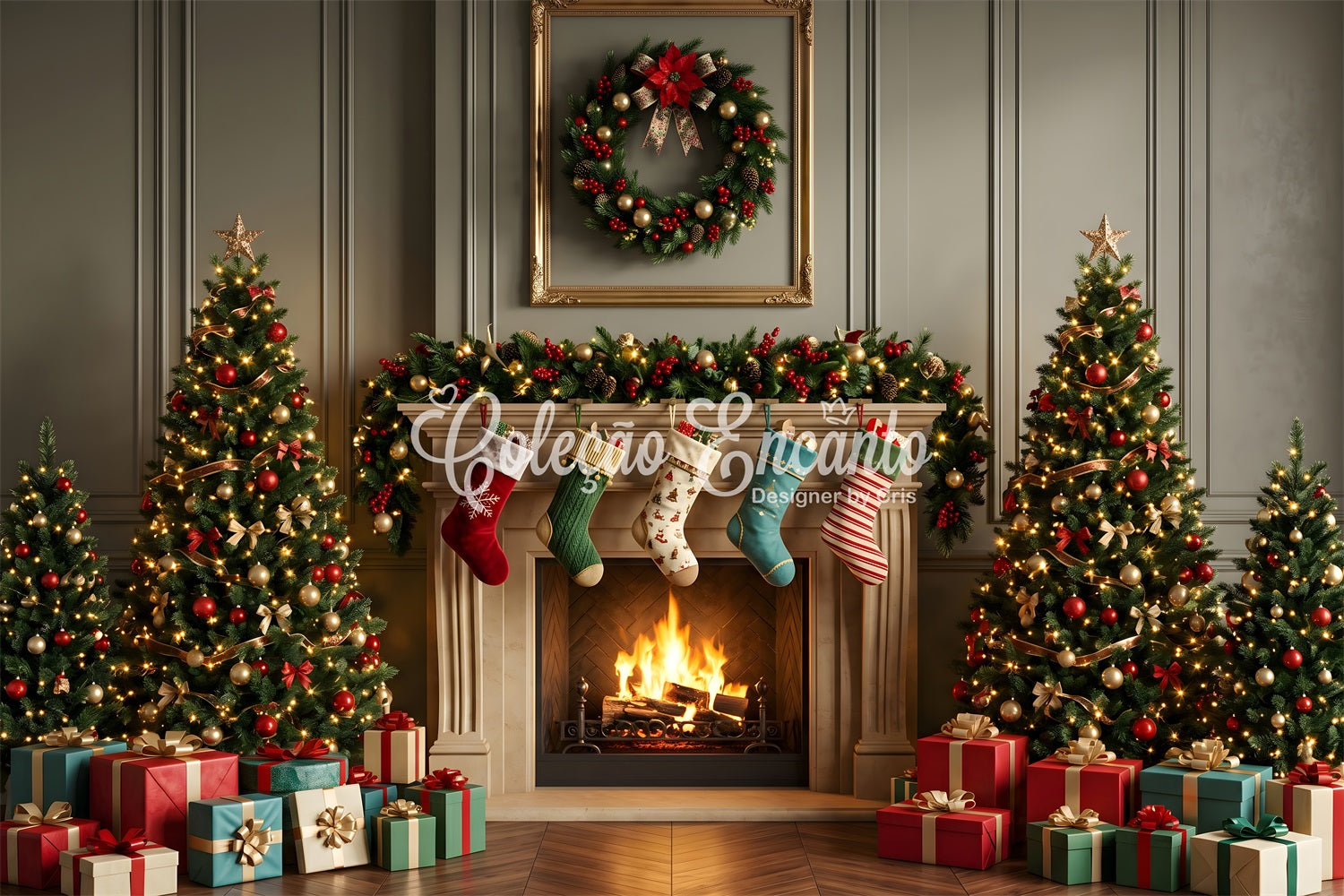 Christmas Backdrops Photography Classic Mantel Stockings Tree Christmas Backdrop UK CEM65-109