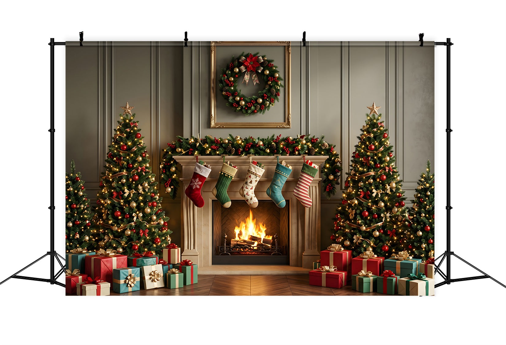 Christmas Backdrops Photography Classic Mantel Stockings Tree Christmas Backdrop UK CEM65-109