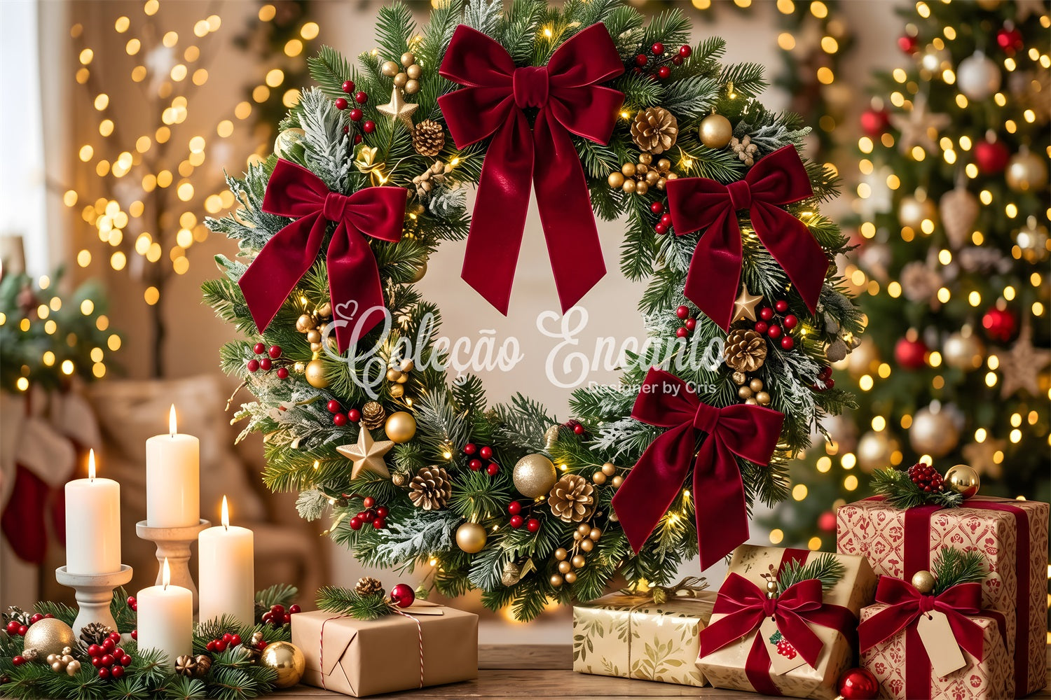 Christmas Backdrop For Photography Velvet Bow Wreath Candle Christmas Backdrop UK CEM65-110