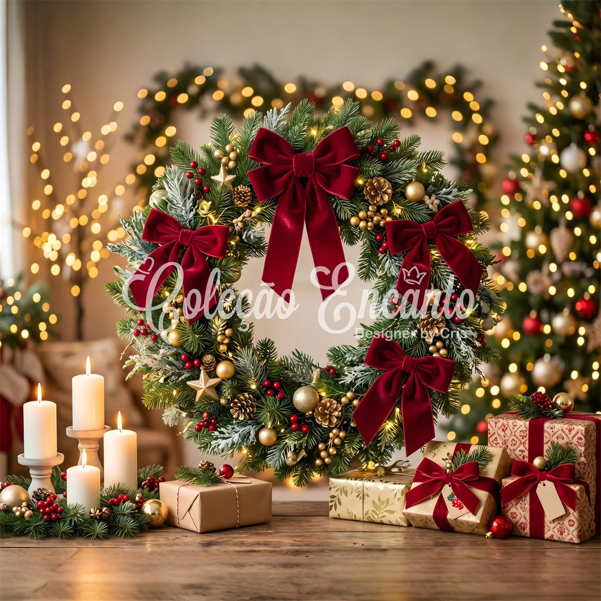 Christmas Backdrop For Photography Velvet Bow Wreath Candle Christmas Backdrop UK CEM65-110