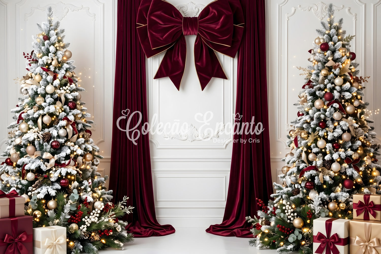 Backdrops For Christmas Burgundy Velvet Bow Snowy Trees Christmas Photobooth Backdrop UK CEM65-112