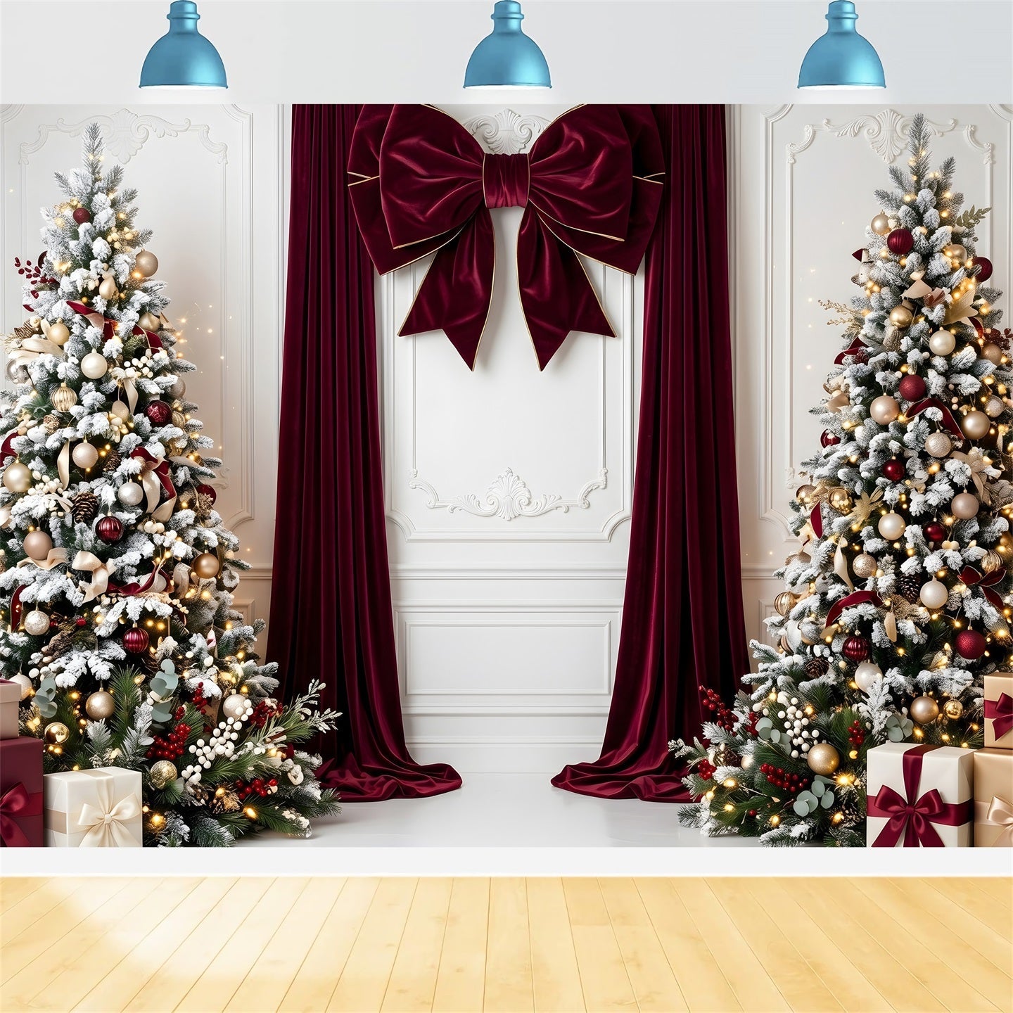Backdrops For Christmas Burgundy Velvet Bow Snowy Trees Christmas Photobooth Backdrop UK CEM65-112