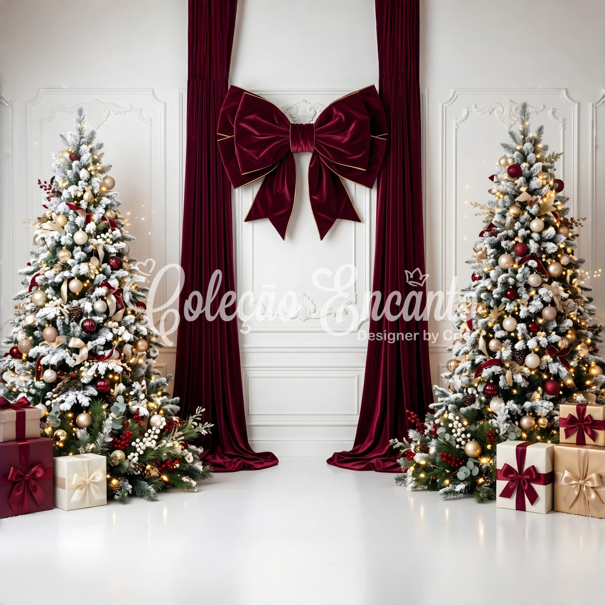 Backdrops For Christmas Burgundy Velvet Bow Snowy Trees Christmas Photobooth Backdrop UK CEM65-112