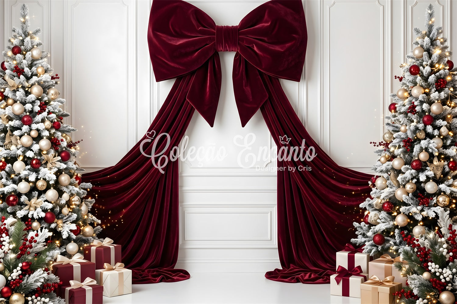 Christmas Backdrop Burgundy Velvet Bow Frosted Trees Christmas Backdrop For Photoshoot UK CEM65-113