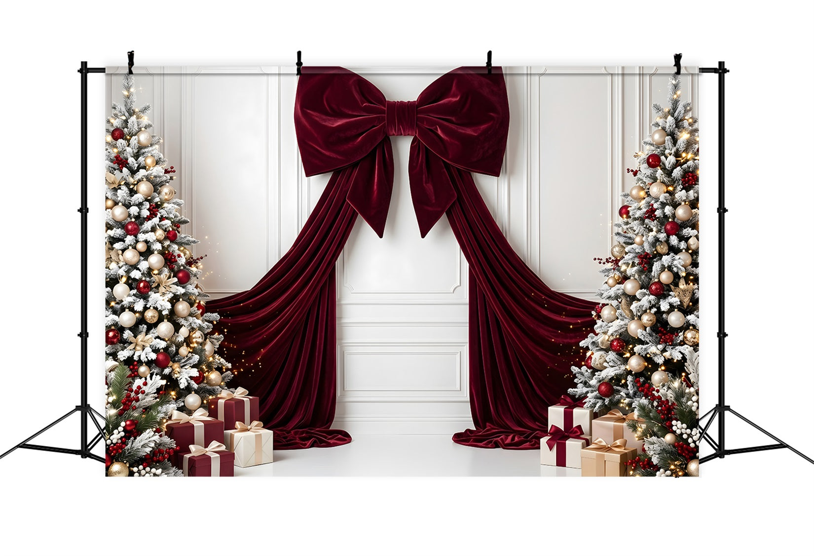 Christmas Backdrop Burgundy Velvet Bow Frosted Trees Christmas Backdrop For Photoshoot UK CEM65-113