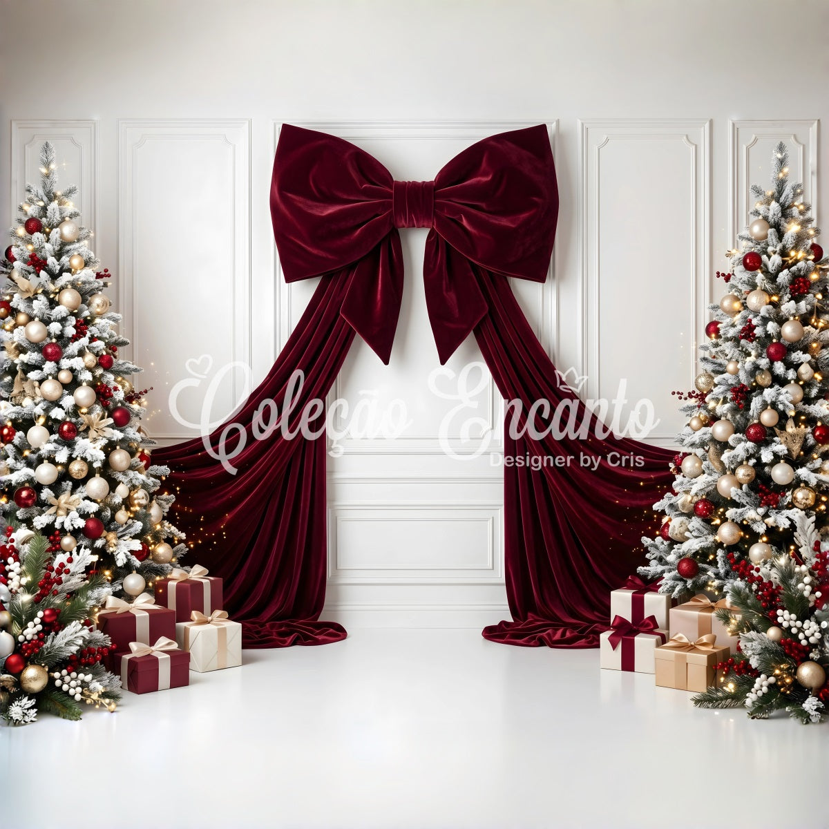 Christmas Backdrop Burgundy Velvet Bow Frosted Trees Christmas Backdrop For Photoshoot UK CEM65-113