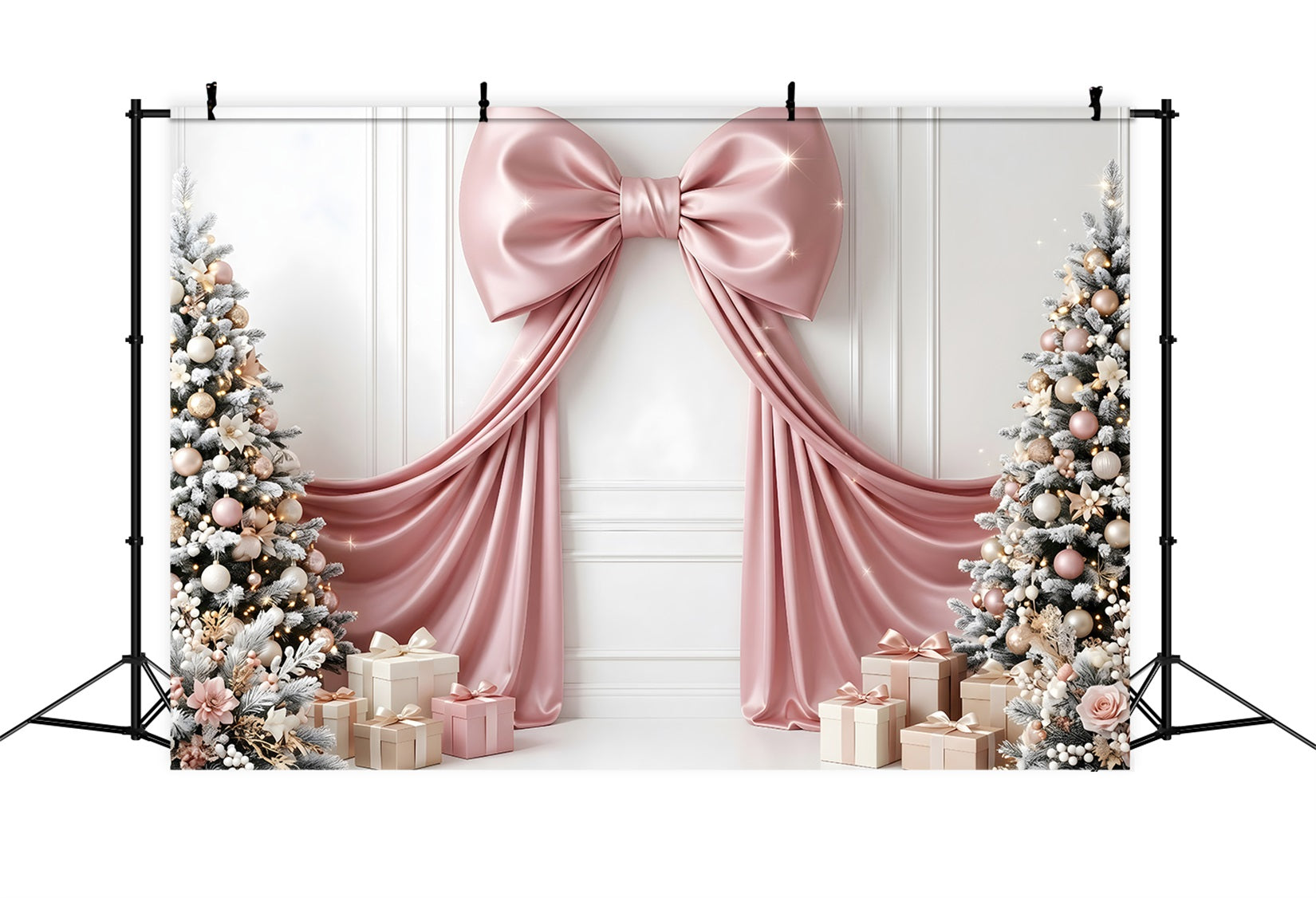 Christmas Backdrop For Wall Pink Satin Bow Gift Trees Backdrop Christmas Photo Booth UK CEM65-114