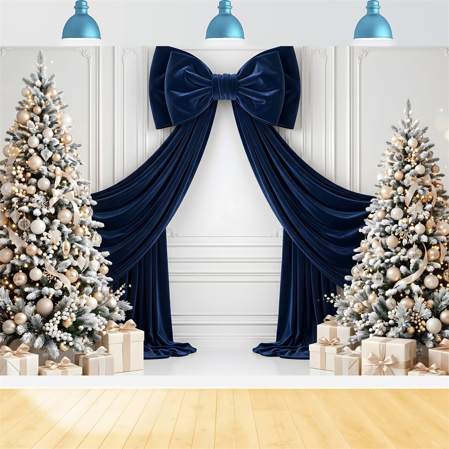 Christmas Themed Backdrops Navy Velvet Bow Frosted Trees Christmas Studio Backdrop UK CEM65-115