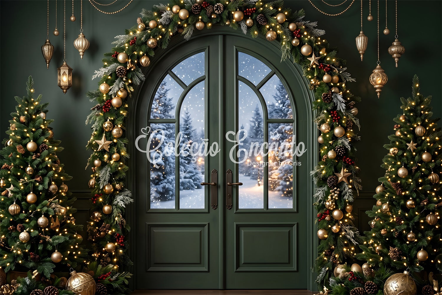 Green Christmas Backdrop Emerald Door Golden Garland Trees Best Christmas Photo Backdrops UK CEM65-117