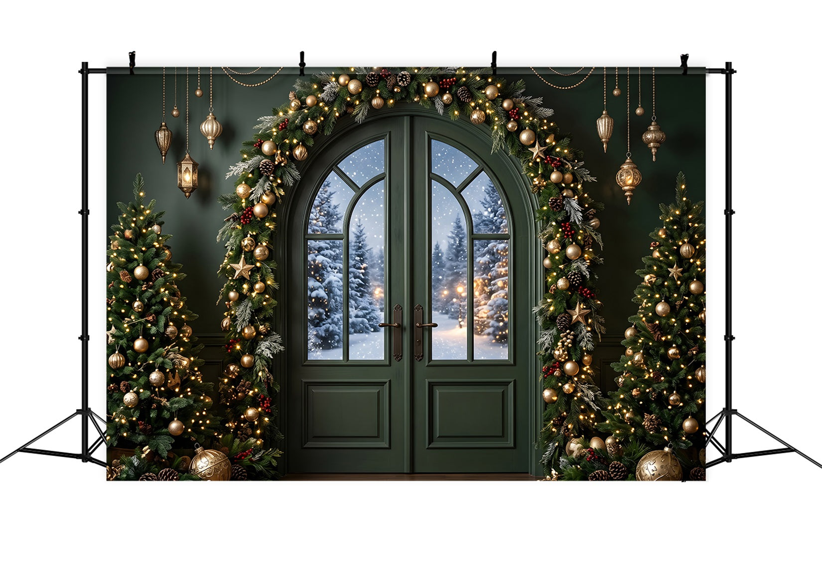 Green Christmas Backdrop Emerald Door Golden Garland Trees Best Christmas Photo Backdrops UK CEM65-117