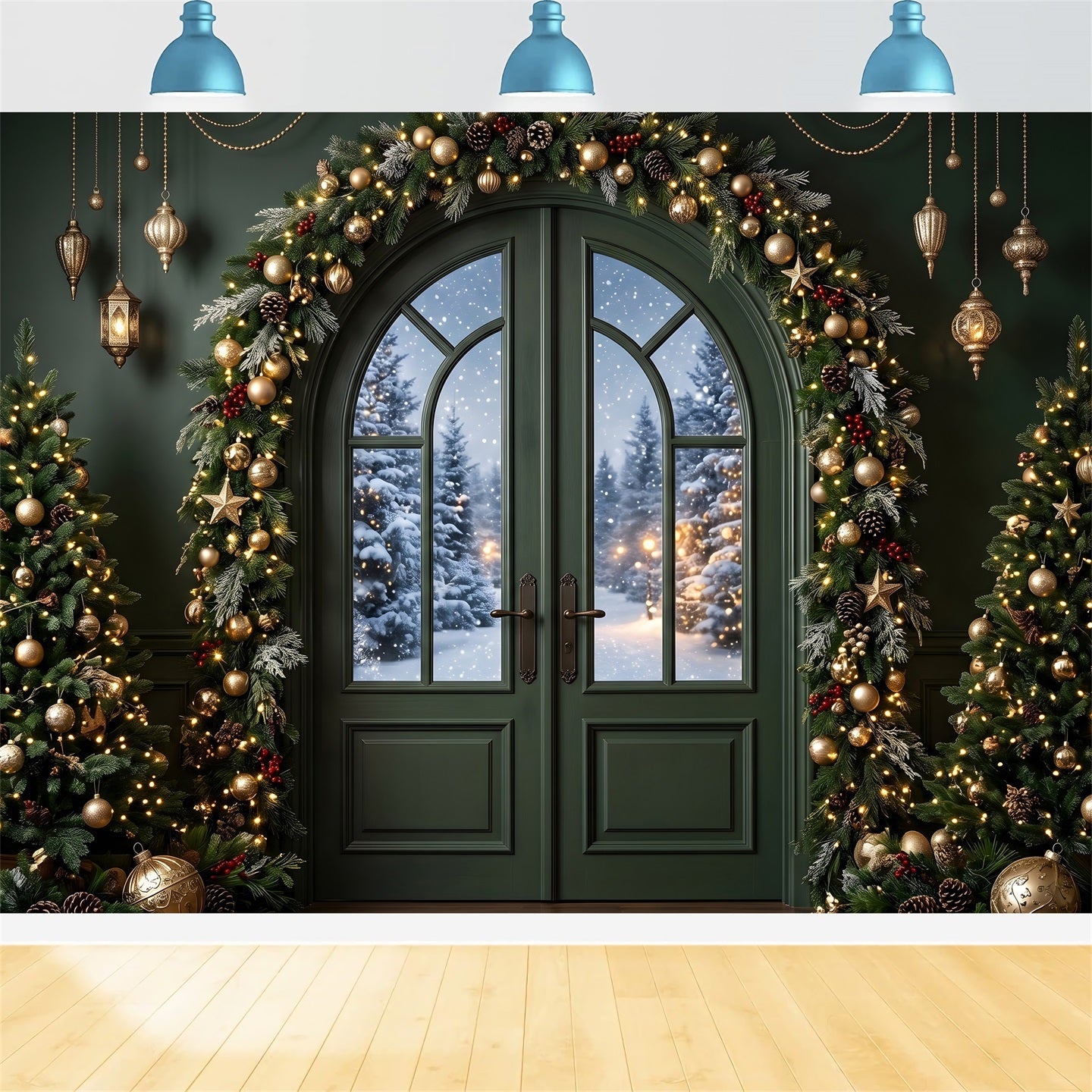 Green Christmas Backdrop Emerald Door Golden Garland Trees Best Christmas Photo Backdrops UK CEM65-117