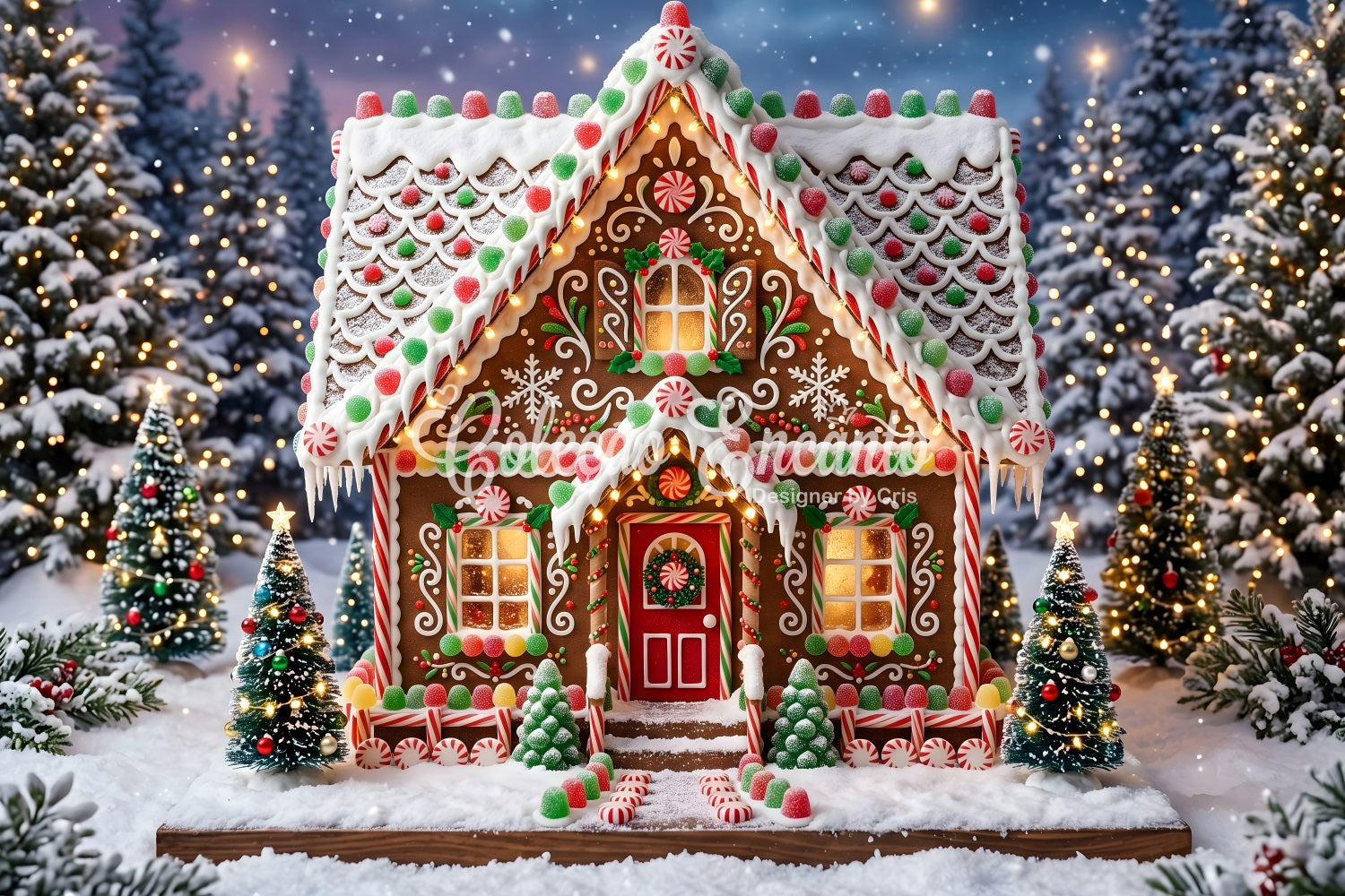 Backdrop For Christmas Gingerbread Cottage Candy Snow Forest Christmas Photo Booth Backdrops UK CEM65-119