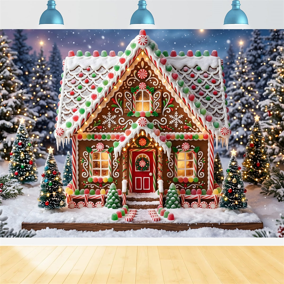 Backdrop For Christmas Gingerbread Cottage Candy Snow Forest Christmas Photo Booth Backdrops UK CEM65-119