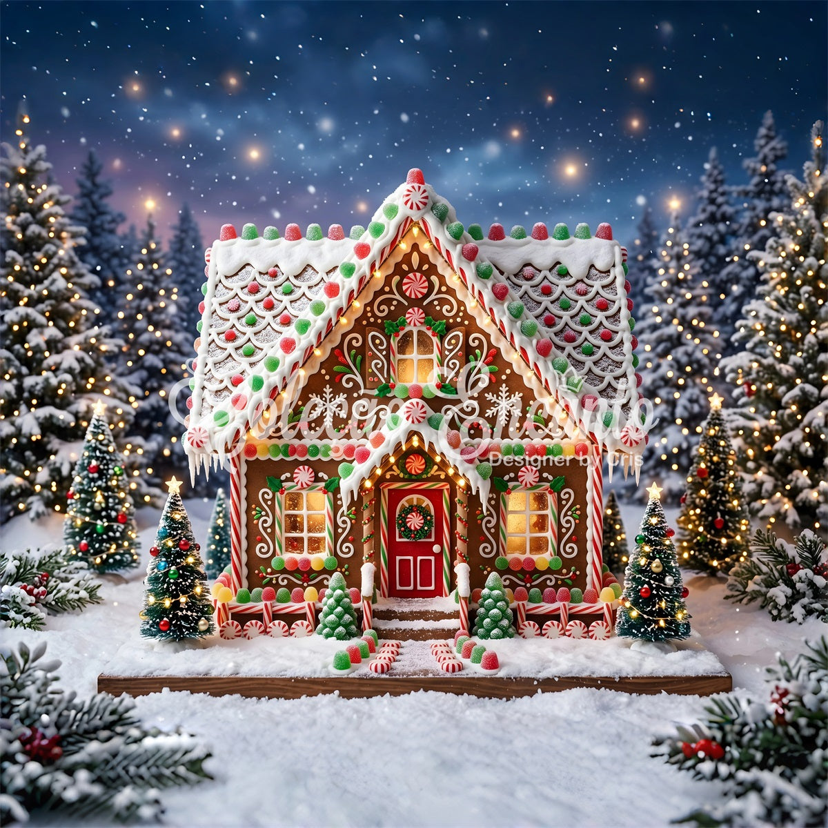 Backdrop For Christmas Gingerbread Cottage Candy Snow Forest Christmas Photo Booth Backdrops UK CEM65-119