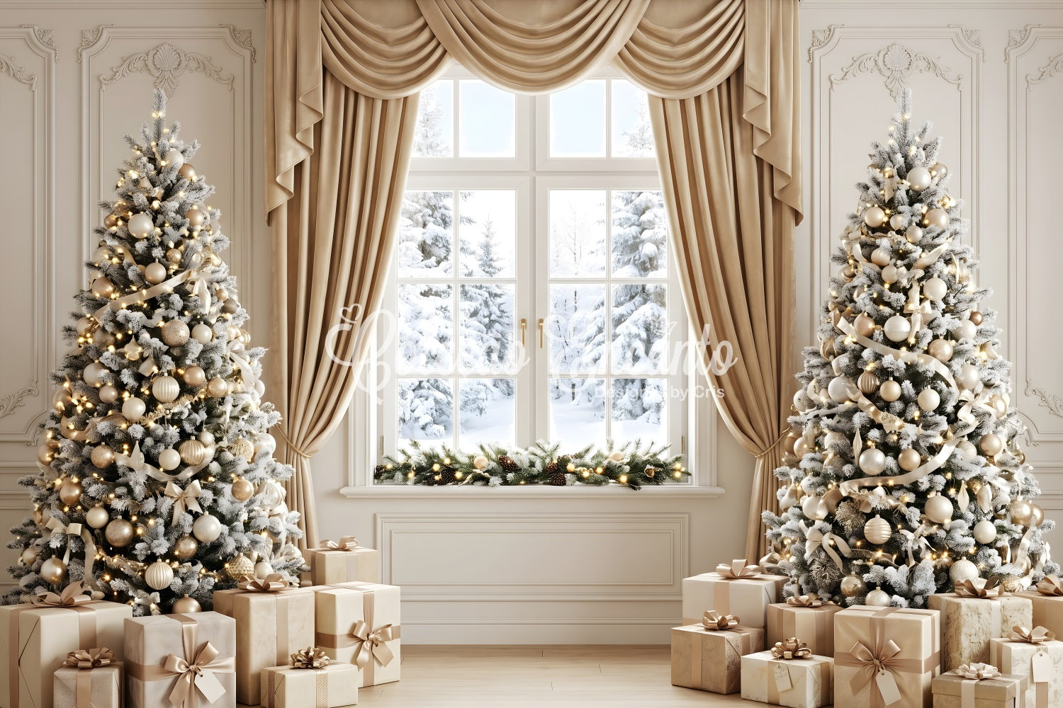 Christmas Window Backdrop Champagne Curtain Frosted Tree Window Christmas Photo Backdrop UK CEM65-122