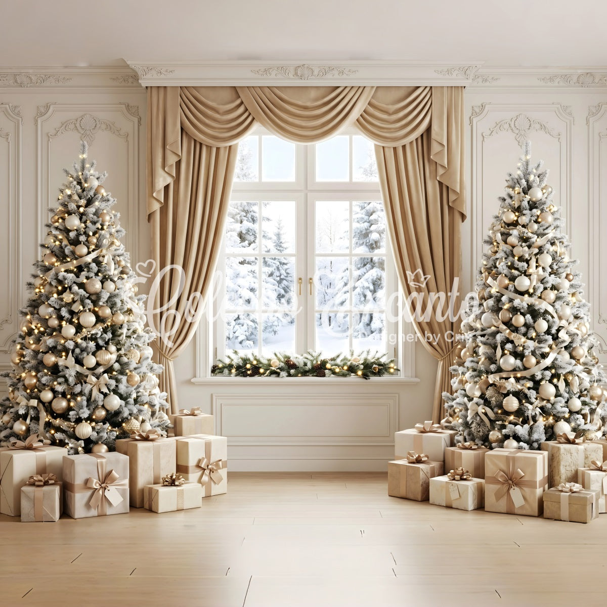 Christmas Window Backdrop Champagne Curtain Frosted Tree Window Christmas Photo Backdrop UK CEM65-122