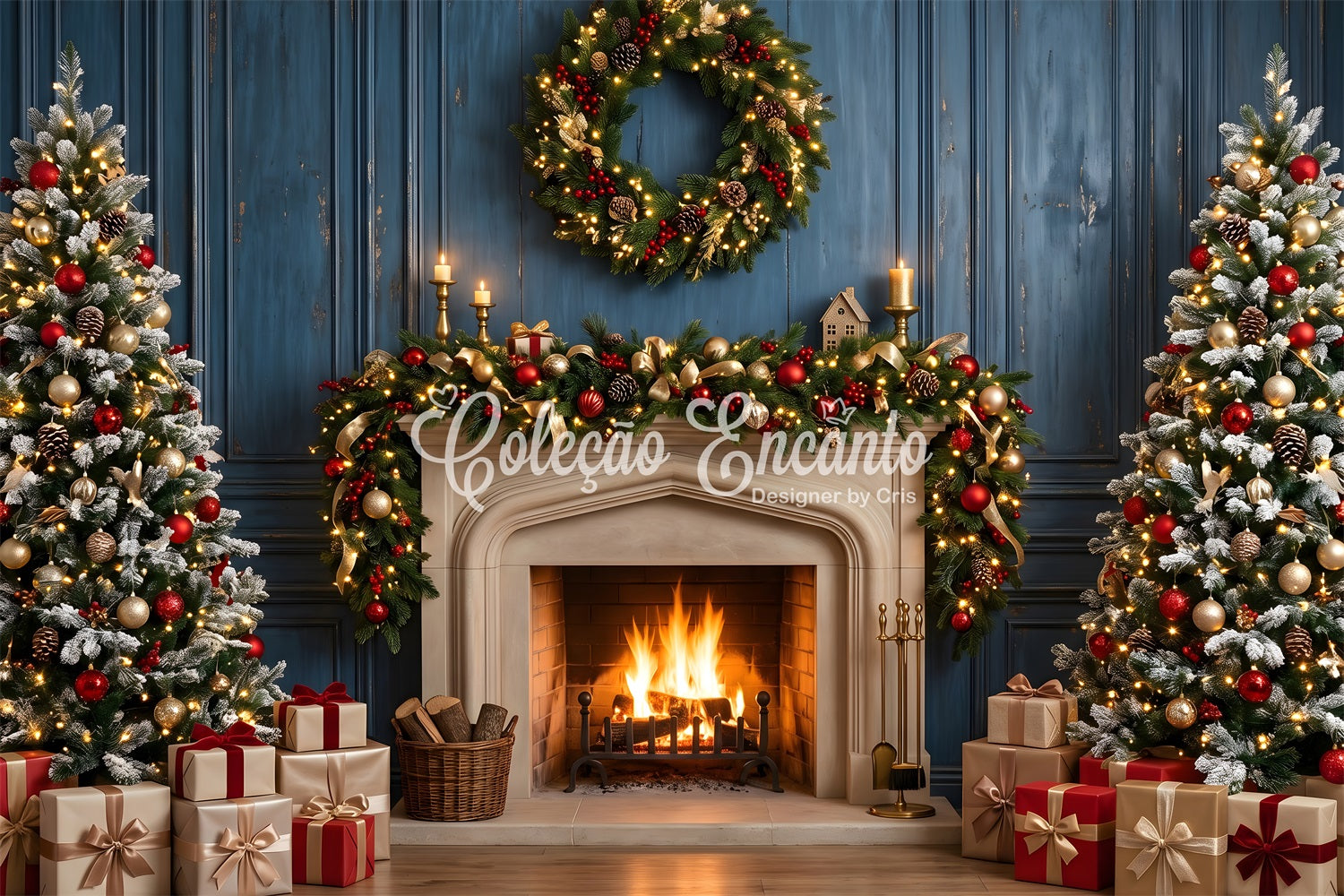 Blue Christmas Backdrop Blue Fireplace Wreath Christmas Trees Christmas Photo Backdrops UK CEM65-125