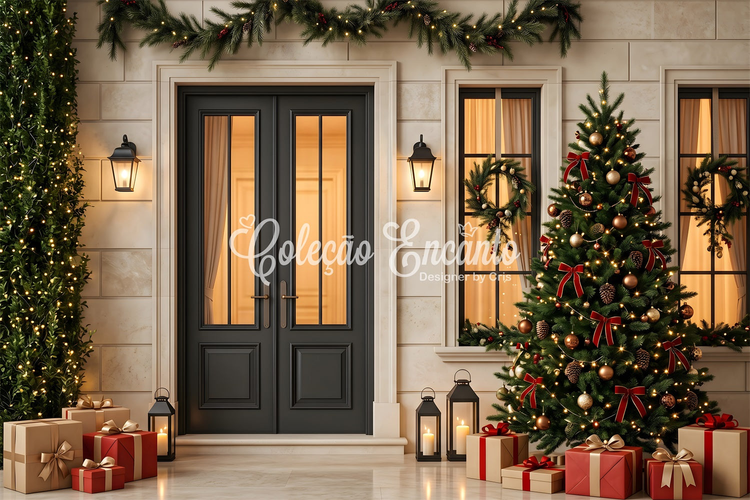 Christmas Tree Backdrop Black Door Lantern Christmas Porch Christmas Photography Backdrop UK CEM65-128