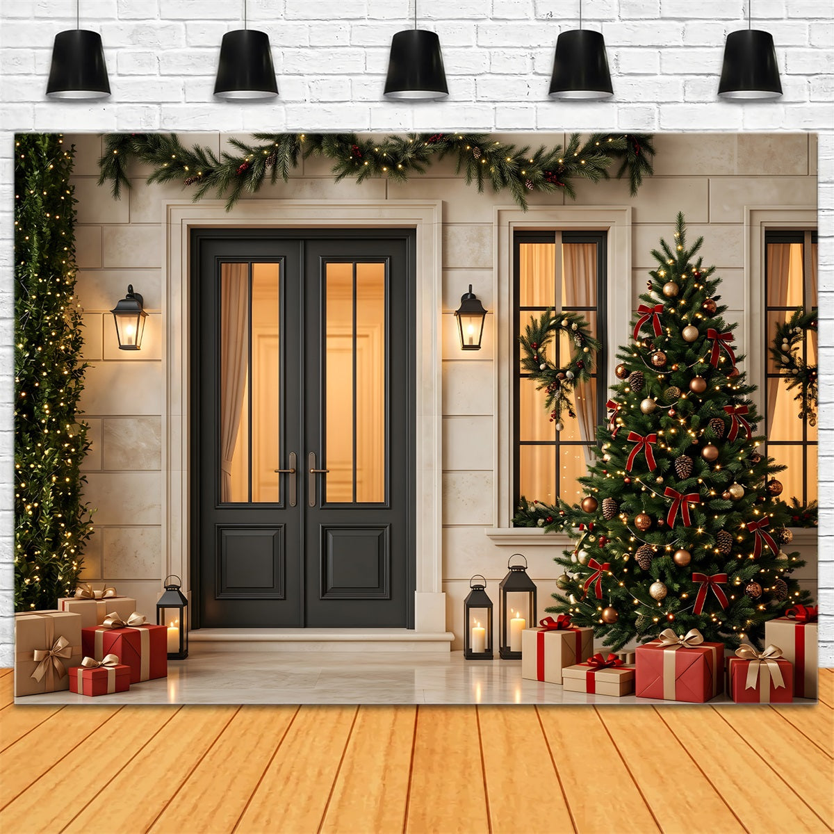 Christmas Tree Backdrop Black Door Lantern Christmas Porch Christmas Photography Backdrop UK CEM65-128