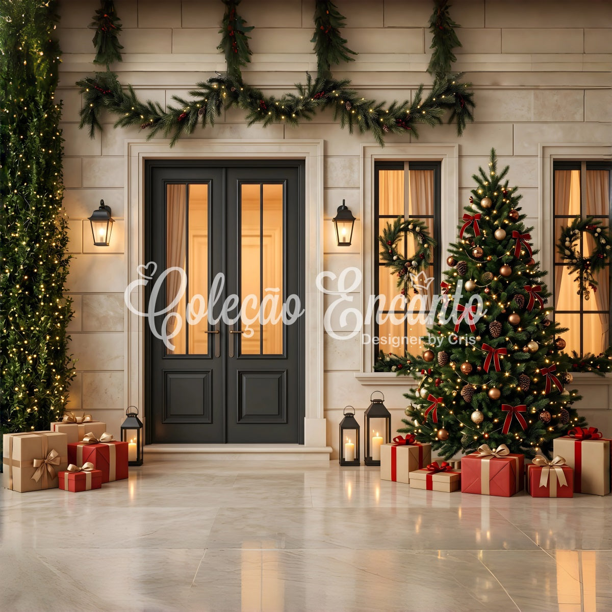 Christmas Tree Backdrop Black Door Lantern Christmas Porch Christmas Photography Backdrop UK CEM65-128