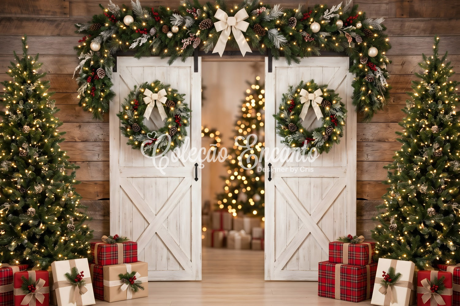 Christmas Backdrop Photo White Barn Door Wreath Trees Professional Christmas Backdrops UK CEM65-129